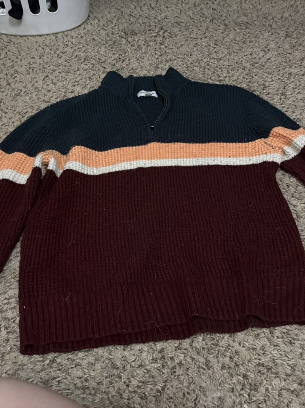 Target Men's Colorblock Half-Zip Sweater in Black, Orange, Cream, and Burgundy